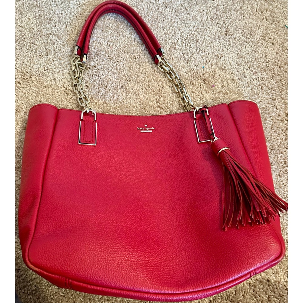 Kate Spade New York Red Pebbled Leather Tassel Tote Shoulder Bag Gold Strap